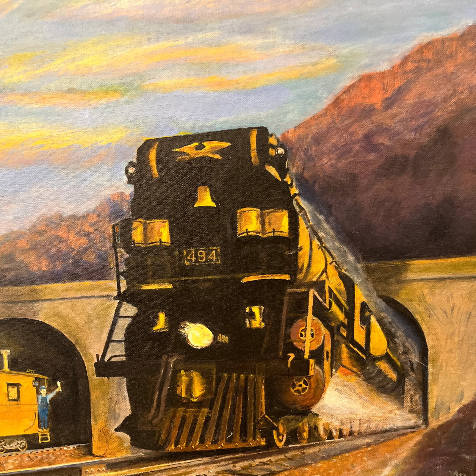 Realist Mountain Landscape With Train Painting by J. Nelson 1971 - 4