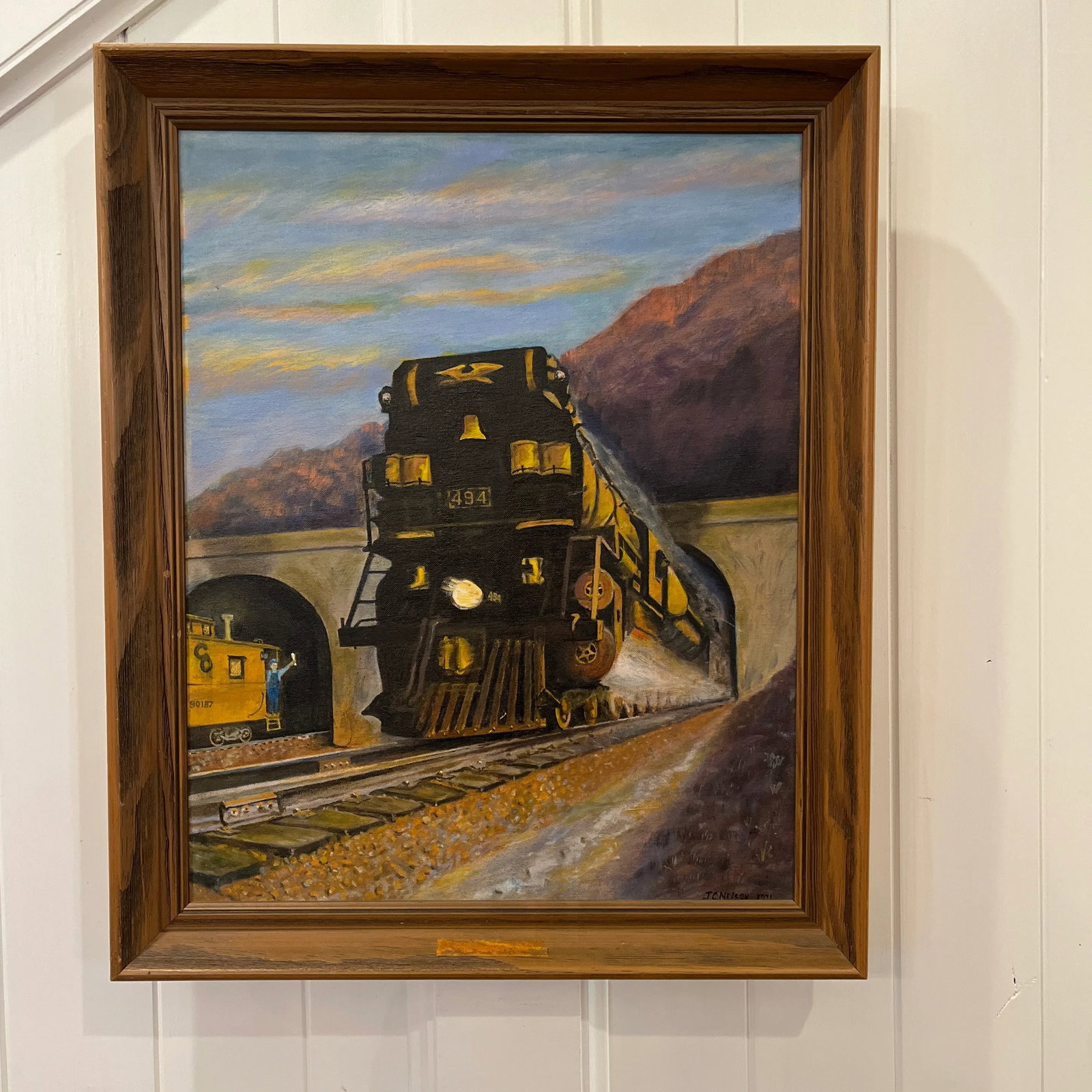 Realist Mountain Landscape With Train Painting by J. Nelson 1971 - 9