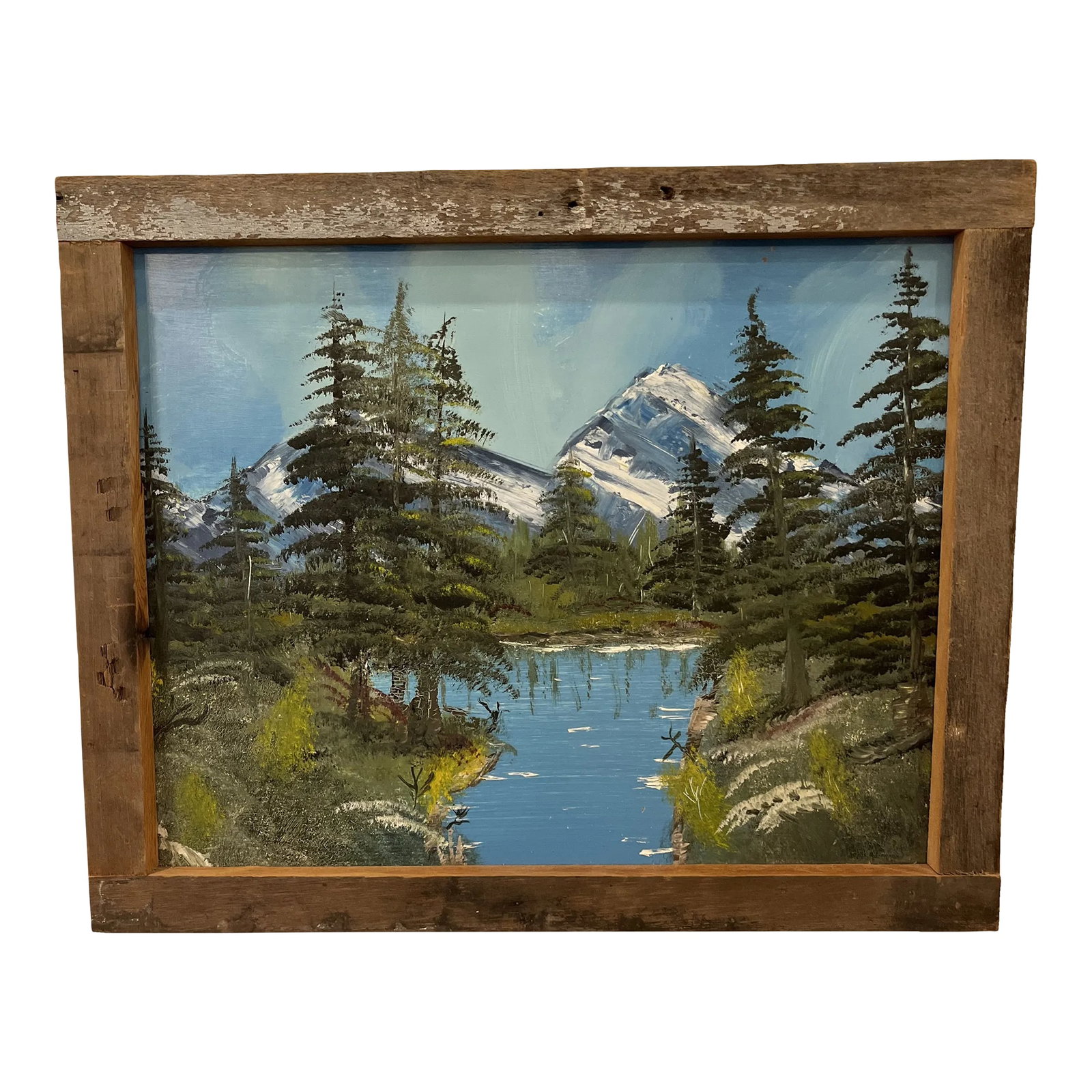 Vintage Original Painting of a Mountain Lake Landscape With Rustic Frame: Original Painting of a Mountain Lake Impressionist Landscape With Rustic Frame. Condition: Alterations: Original Condition Unaltered Imperfections: Some Imperfections Condition Notes: reat Vintage