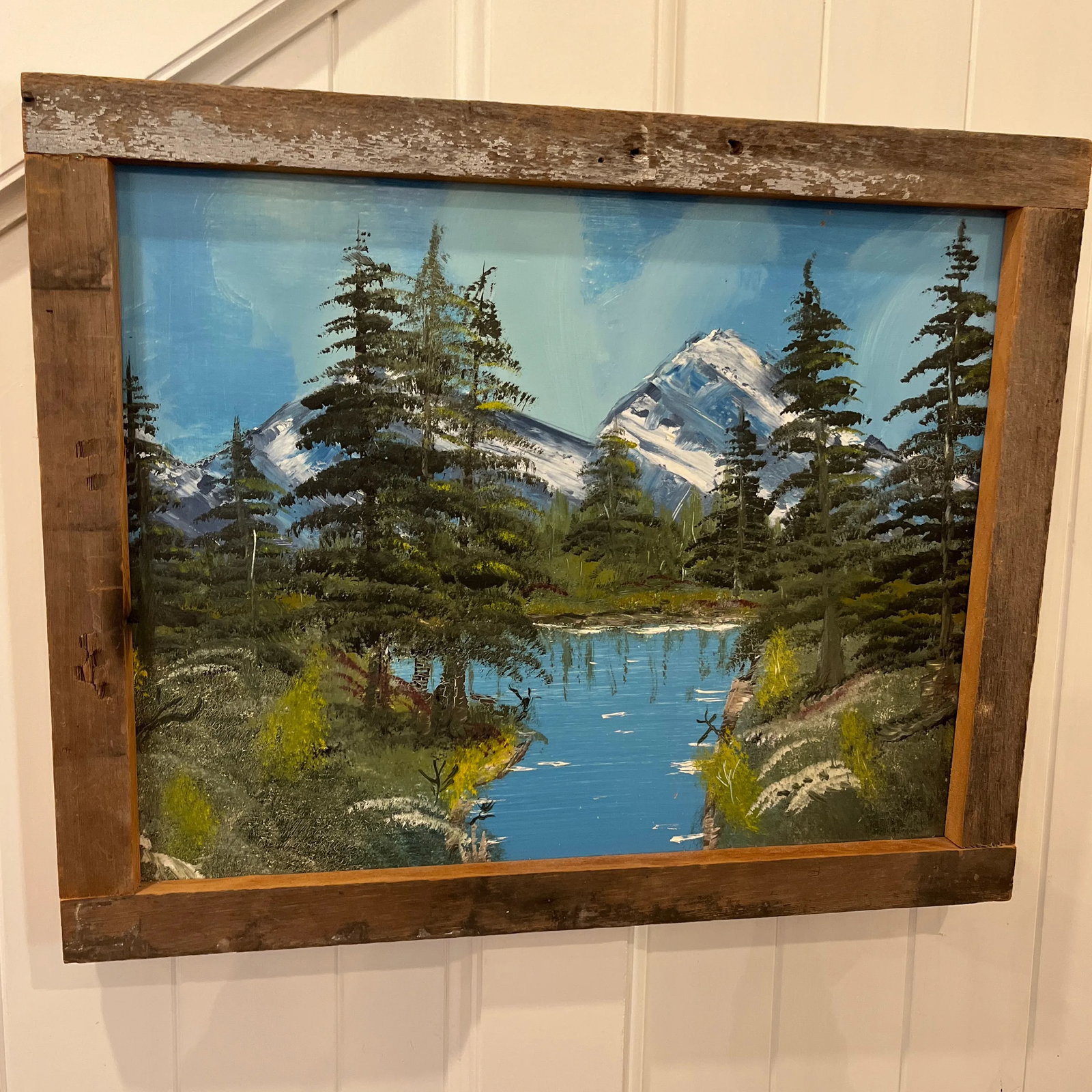 Vintage Original Painting of a Mountain Lake Landscape With Rustic Frame - 2