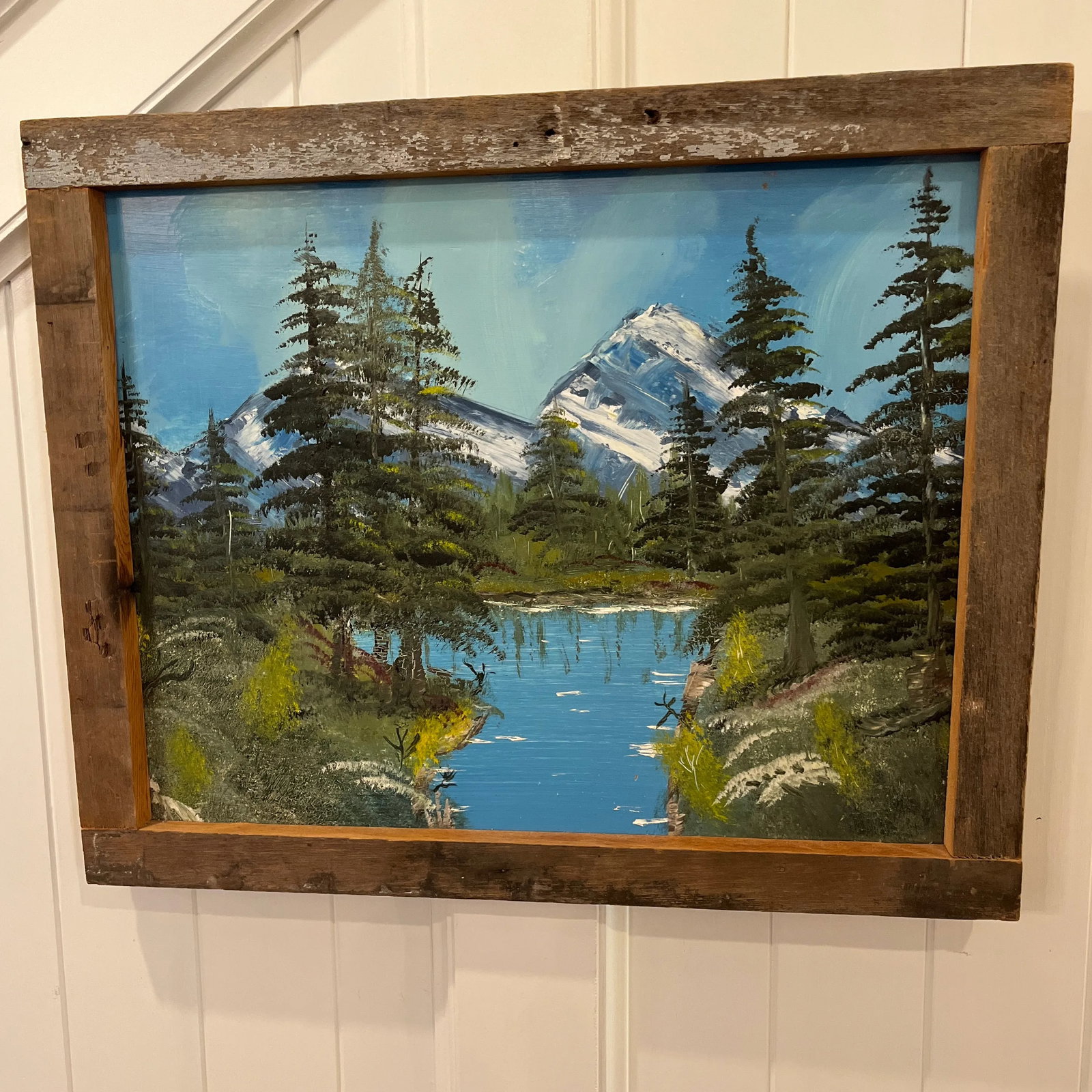 Vintage Original Painting of a Mountain Lake Landscape With Rustic Frame - 3