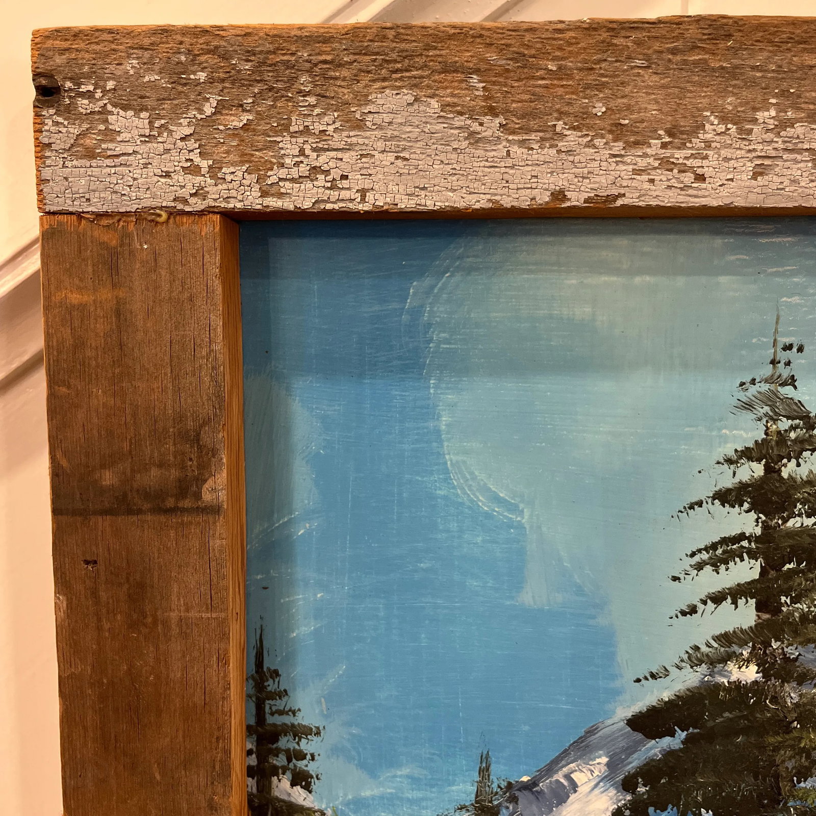 Vintage Original Painting of a Mountain Lake Landscape With Rustic Frame - 4