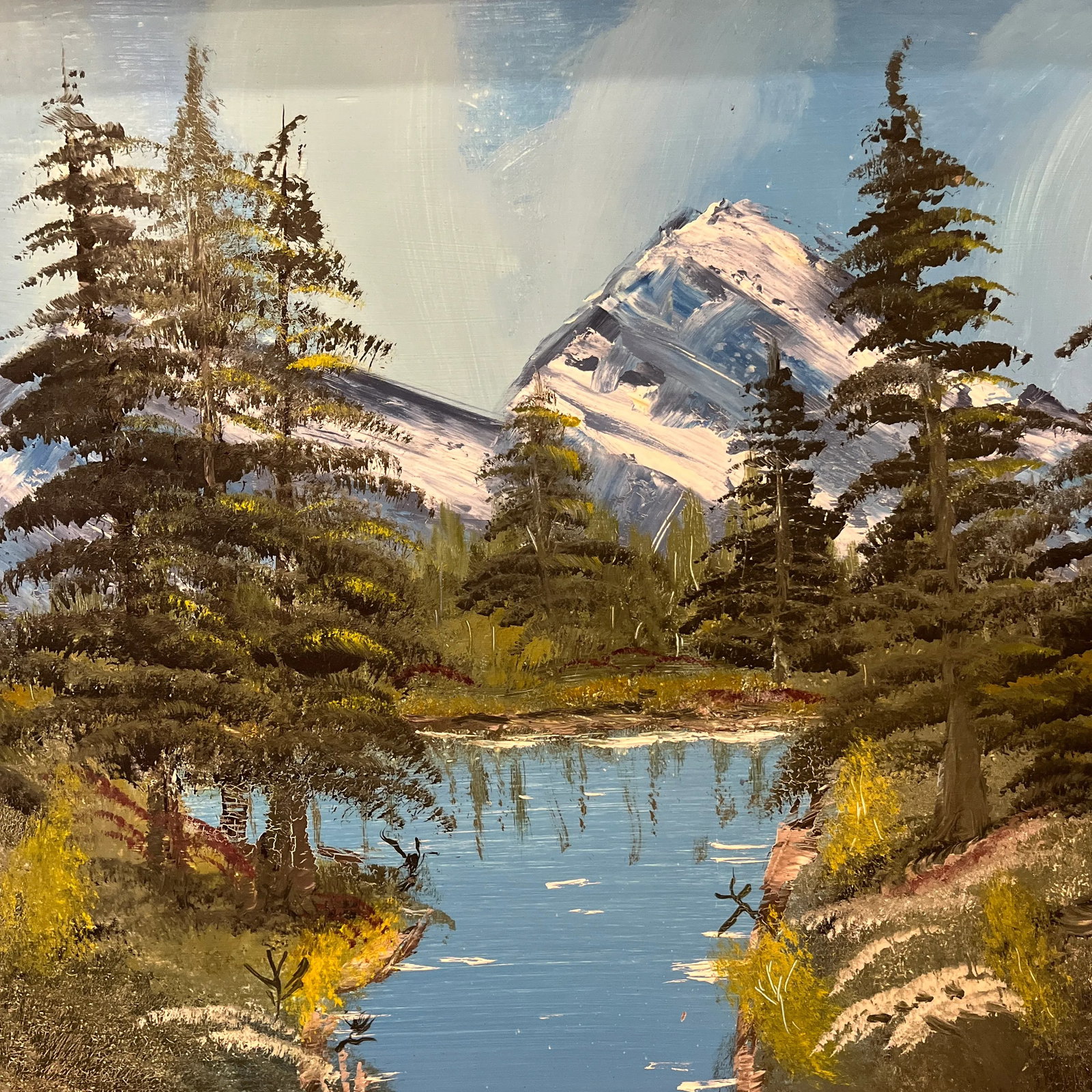 Vintage Original Painting of a Mountain Lake Landscape With Rustic Frame - 6