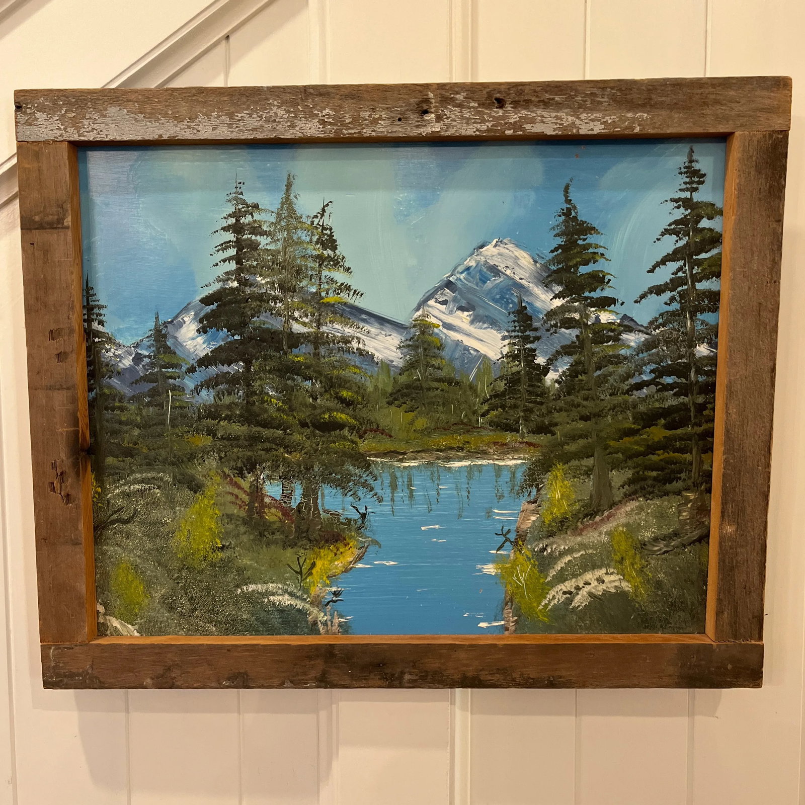 Vintage Original Painting of a Mountain Lake Landscape With Rustic Frame - 8