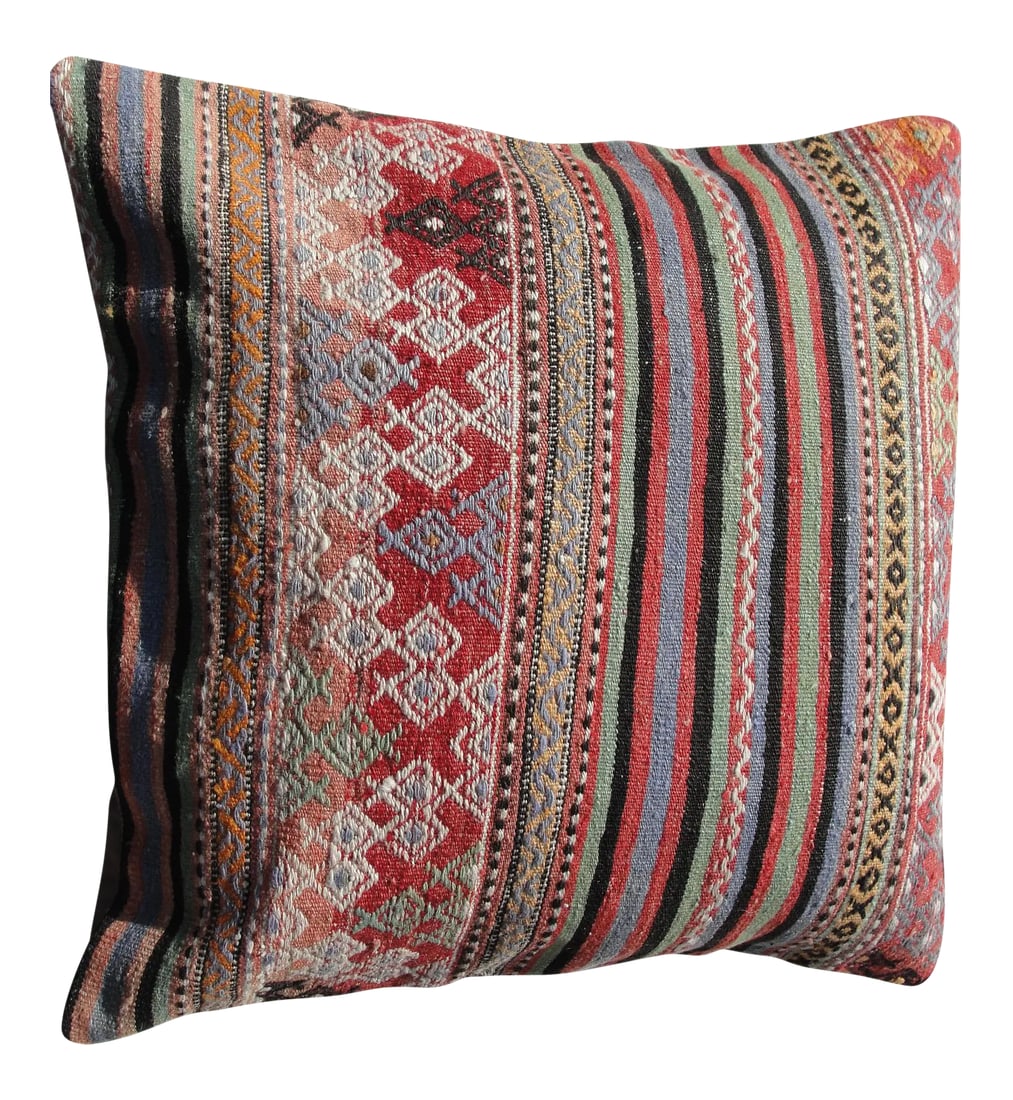 Kilim Rug Pillow: Kilim Rug Pillow Made from old turkish kilims Back side cotton and has closed with a solid hidden zipper size:24" x 24" It is ready to use. The colors come from vegetable dyes. less less Condition: