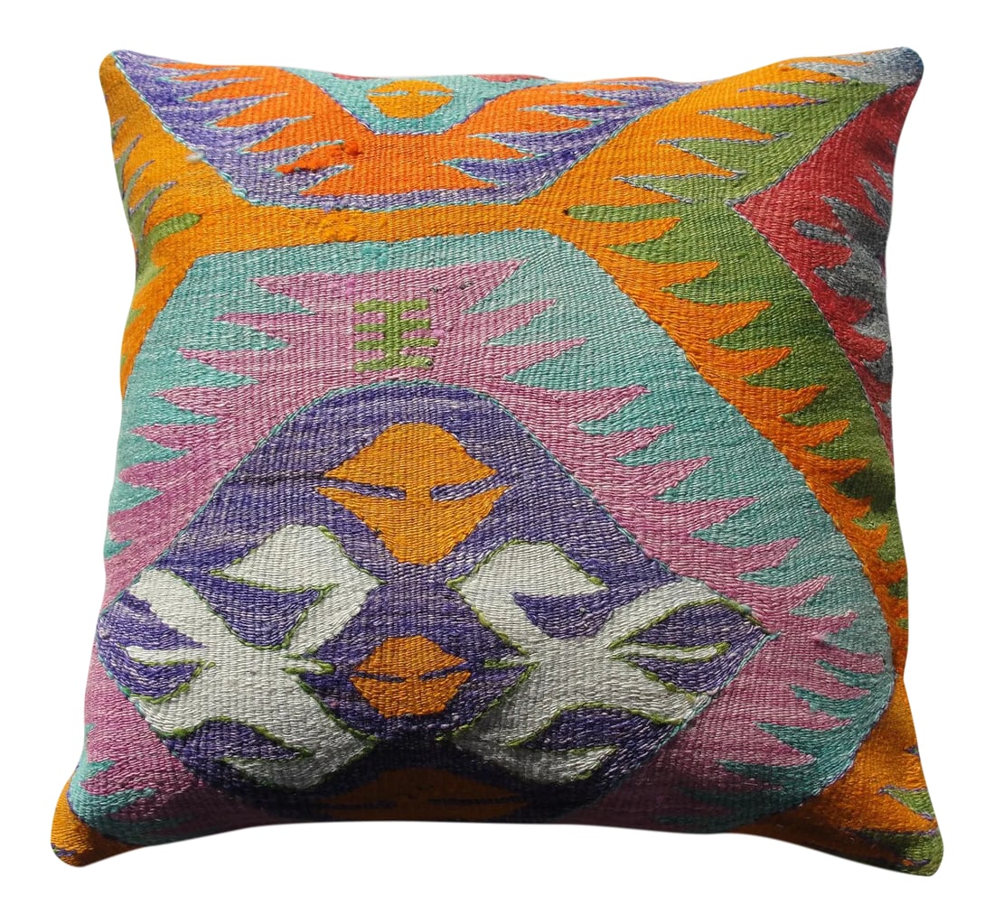 Kilim Rug Pillow: Kilim Rug Pillow Made from old turkish kilims Back side cotton and has closed with a solid hidden zipper size:20" x 20" It is ready to use. The colors come from vegetable dyes. less less Condition: