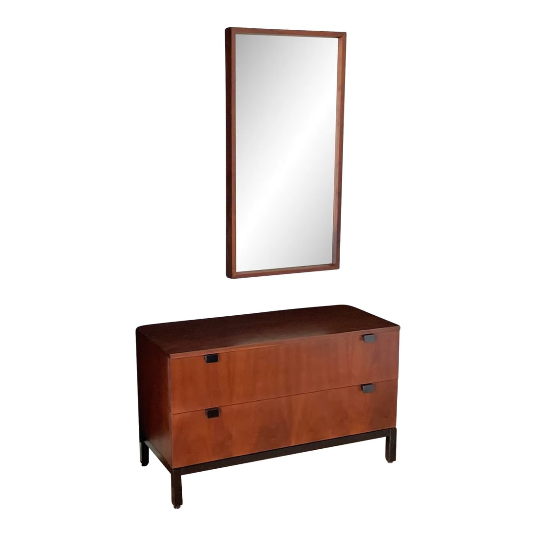 Milo Baughman for Directional Mid Century Walnut Two-Drawer Chest and Mirror, Circa 60's: Two drawer chest of drawers and mirror, designed by Milo Baughman for Directional, circa 1960's. Features beautiful grain walnut wood with silky smoothness on its finish, black lacquer wood pulls and