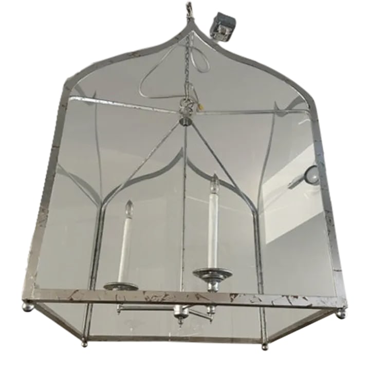 Contemporary Niermann Weeks Gothic Lantern Custom Size: This is a Niermann Weeks Gothic Lantern in a custom size. This piece has a hand applied silver leaf finish with 3 bulbs. Be sure to measure because this one is very large. Condition: Alterations: