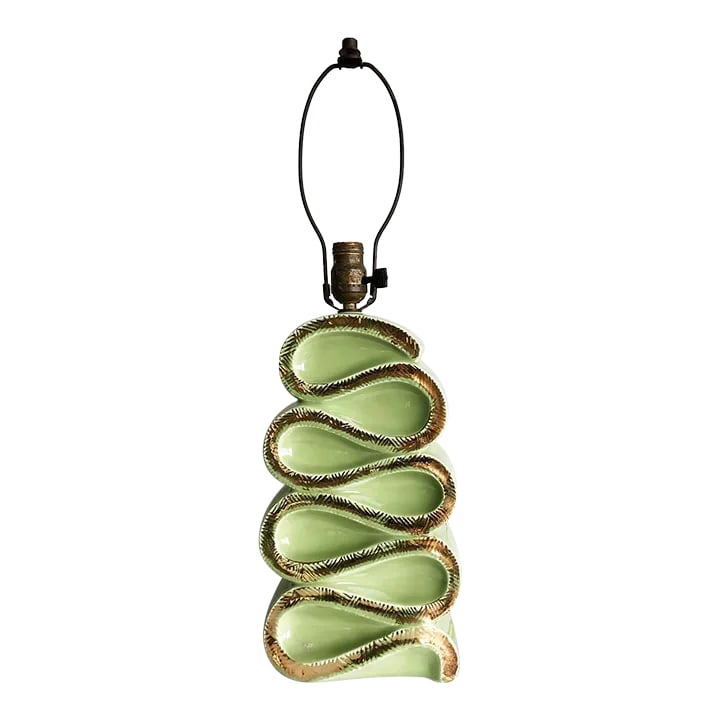 Vintage Art Deco Ceramic Table Lamp, 1937: Check out this unique and gorgeous art deco ceramic table lamp. Pale green body with a gold enamel or glaze highlighting the sinuous textured ribbon in front. The harp, light socket and wiring appear