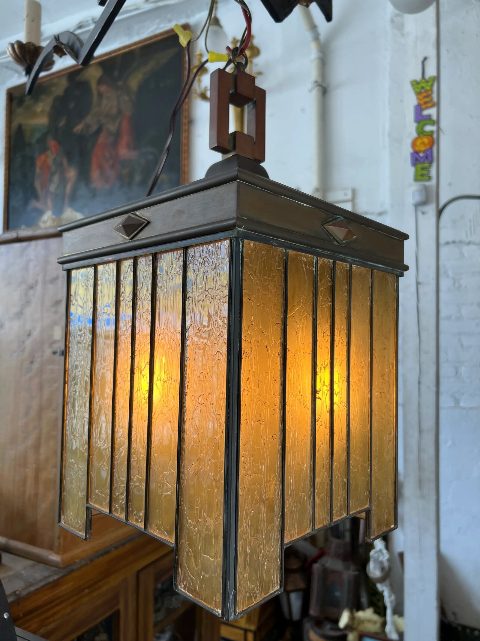1910s Frank Lloyd Wright Style Craftsman Arts and Crafts Hanging Pendant Light - 10