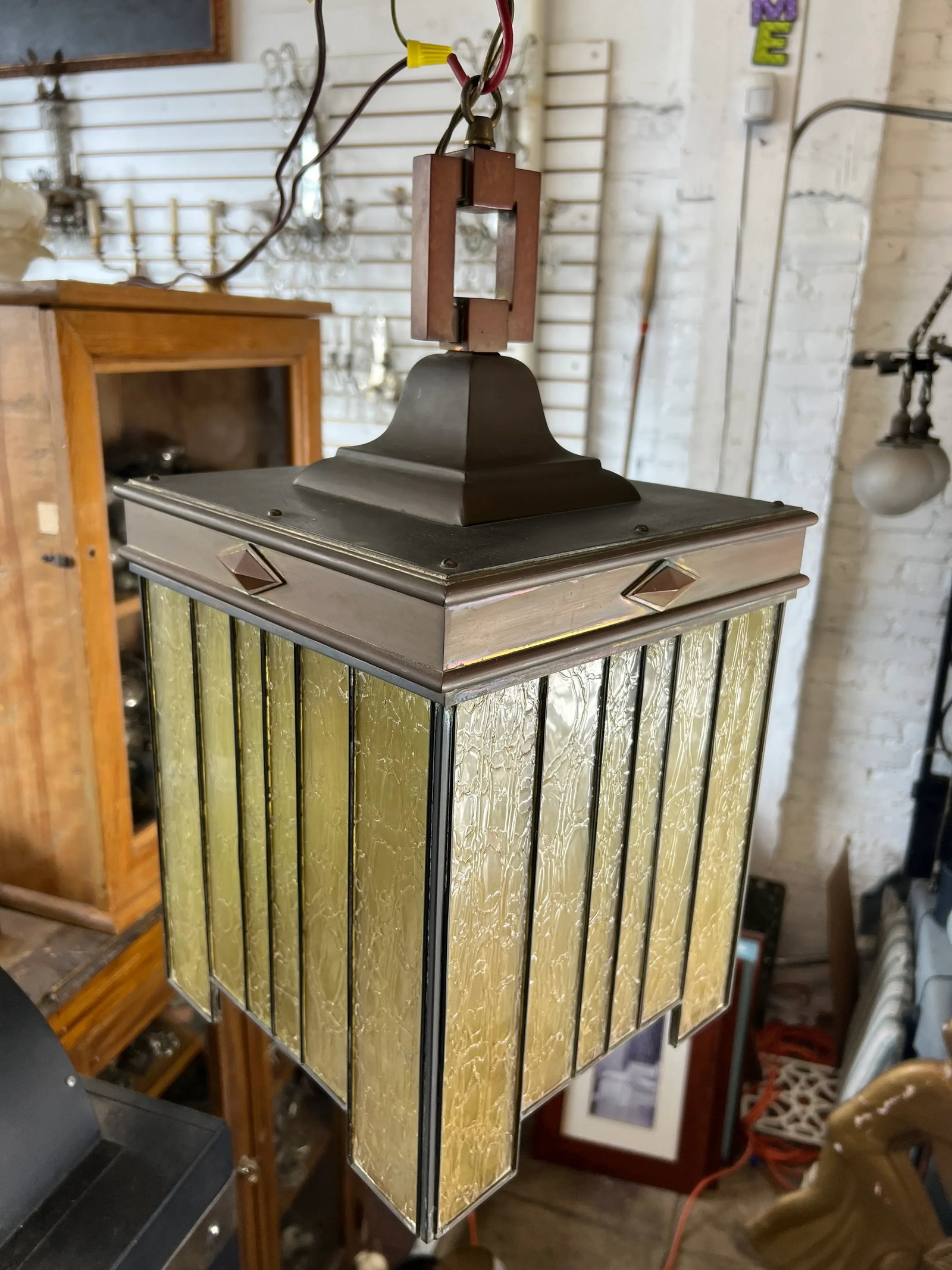1910s Frank Lloyd Wright Style Craftsman Arts and Crafts Hanging Pendant Light - 11