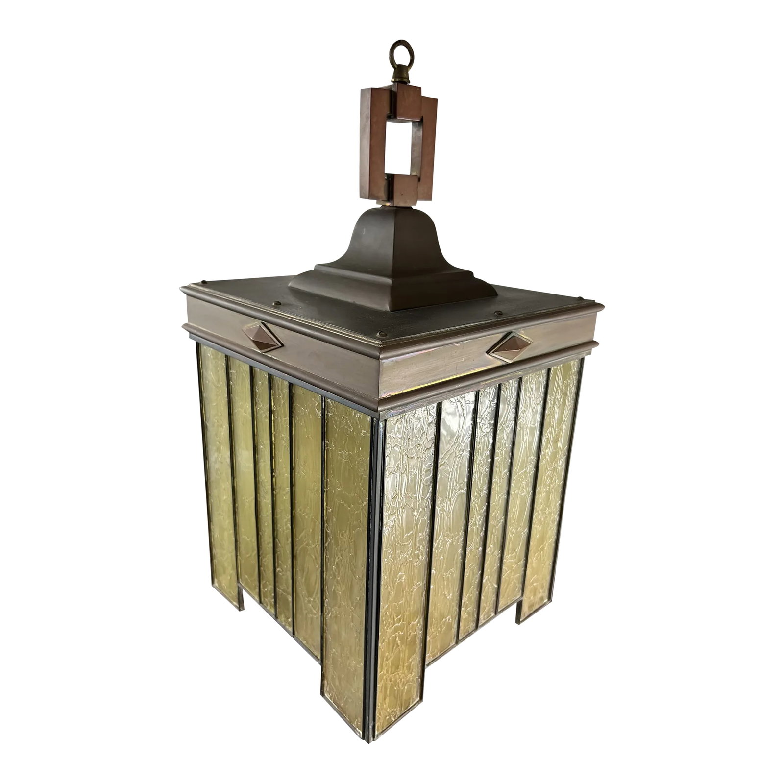 1910s Frank Lloyd Wright Style Craftsman Arts and Crafts Hanging Pendant Light: This is an old wonderful arts and crafts style light we believe could be attributed to the works of Frank Lloyd Wright. Salvaged out of a historic craftsman style home in Pasadena. It gives a