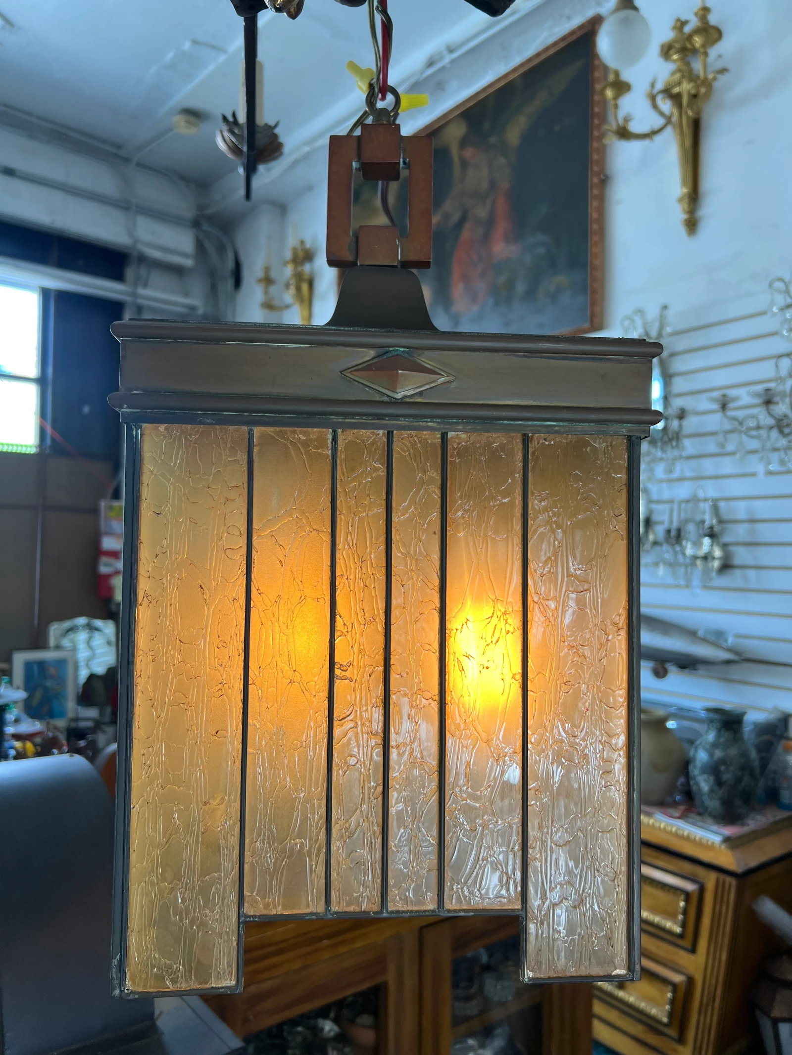 1910s Frank Lloyd Wright Style Craftsman Arts and Crafts Hanging Pendant Light - 9