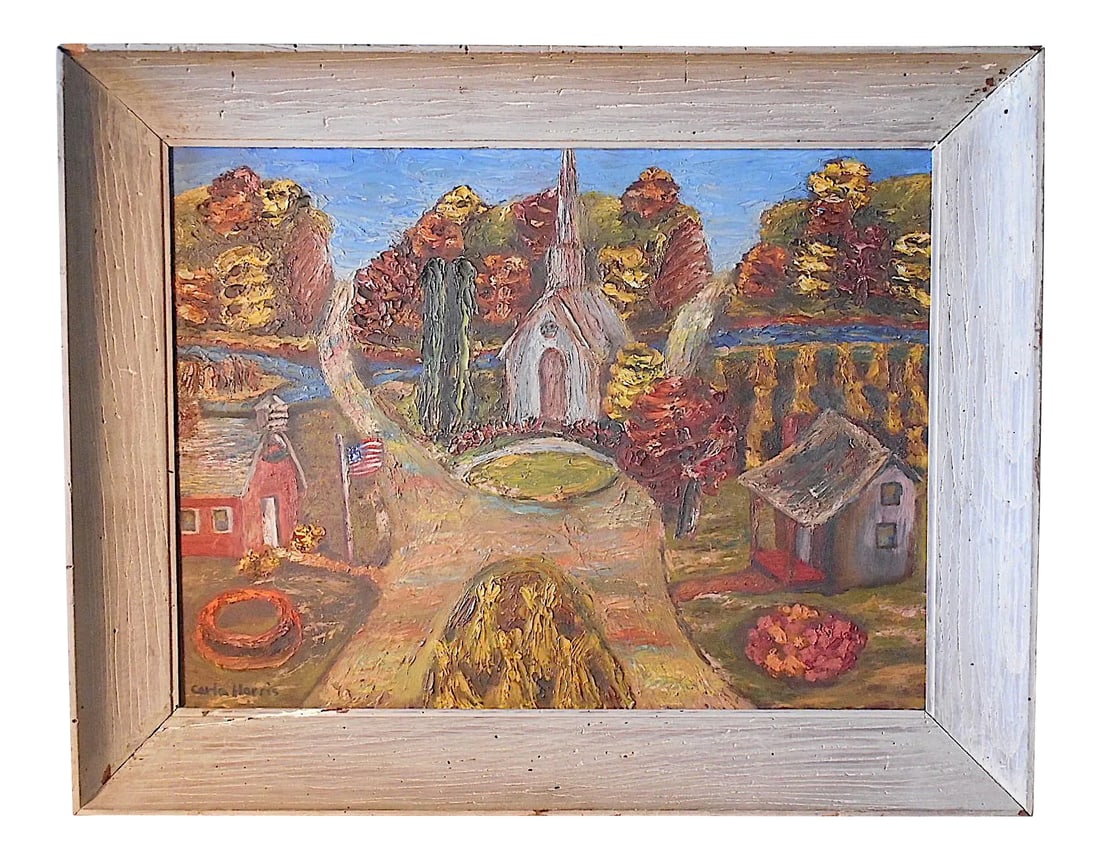 Vintage Signed Folk Art Oil On Board-Village Scene-US Artist C. Harris-Framed: We acquired this oil on board by U.S. artist Carla Harris in partial trade for a semi-antique oriental rug. It is signed by Harris and depicts a quaint American village. Great palette and heavy impast