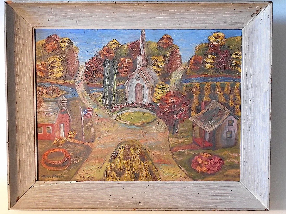 Vintage Signed Folk Art Oil On Board-Village Scene-US Artist C. Harris-Framed - 2