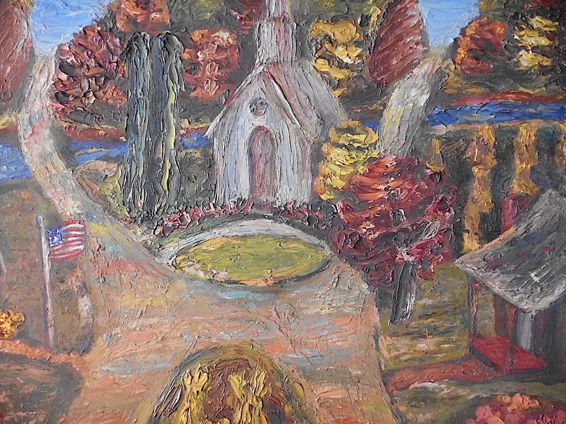 Vintage Signed Folk Art Oil On Board-Village Scene-US Artist C. Harris-Framed - 3