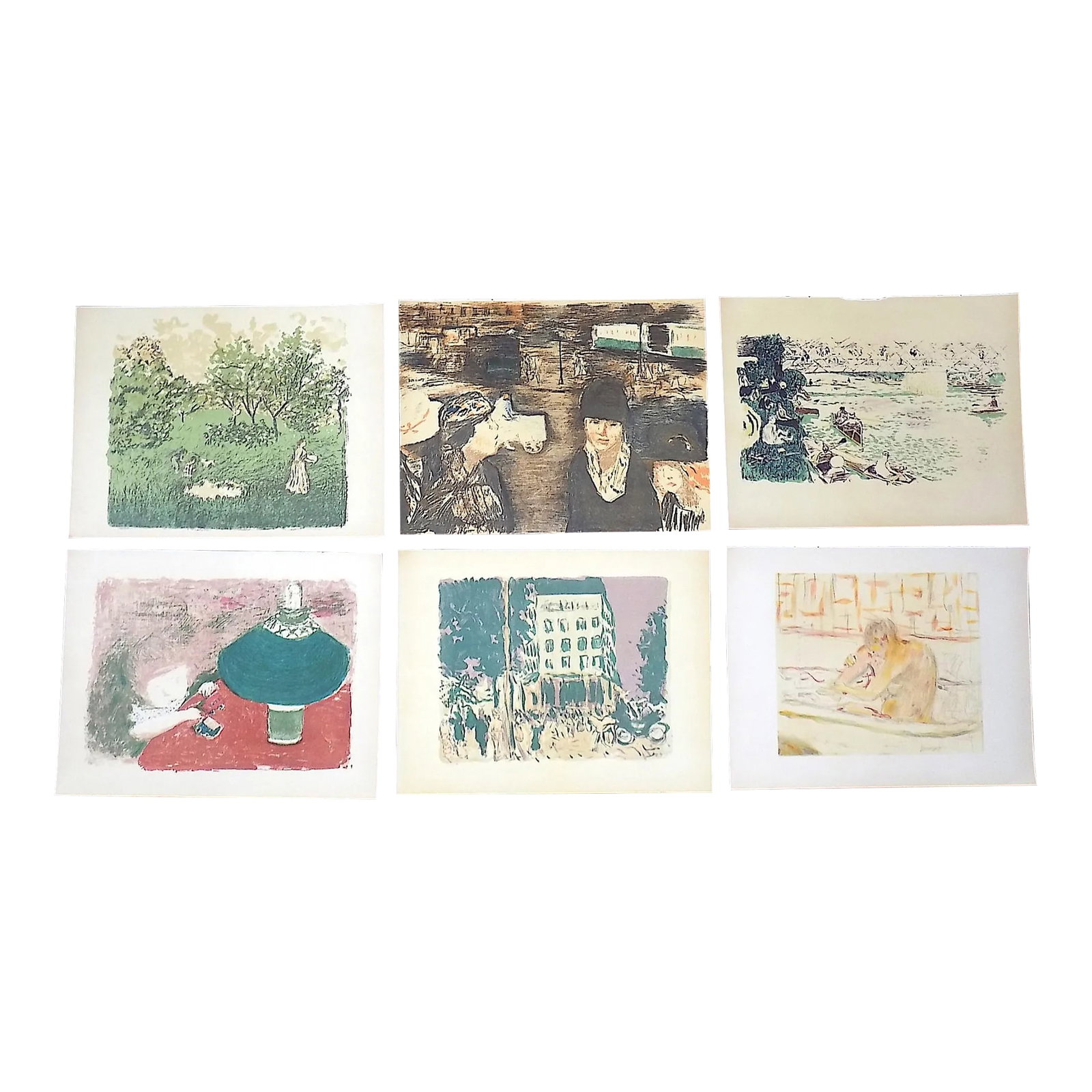 Vintage Pierre Bonnard Modernist Lithograph Views of Paris, Printed by Mourlot - Set of 6: This set of six (6) mid 20th century lithographs (not offset) depict several of Pierre Bonnard's iconic views of Paris. Bonnard (1867-1947) was one of France's great post impressionists. All have text