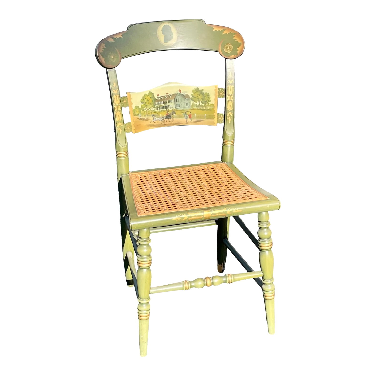 L. Hitchcock Chair Company Limited Edition Adams House Chair: Offered is a limited edition L. Hitchcock side chair in their green finish. The chair has a cane seat and elegant turtle back splat with an hand stenciled painting of the " the old Adams house". The
