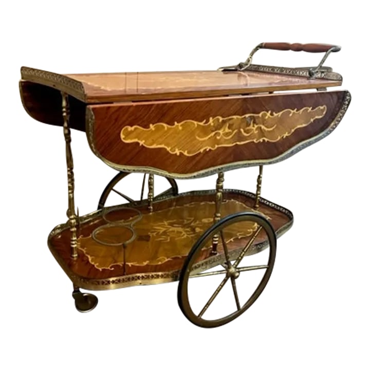 Mid 20th Century Italian Floral Marquetry and Brass Service Bar Cart Trolley: This stunning Italian Service Bar Cart Trolley is a true masterpiece of craftsmanship. The intricate floral marquetry and brass accents make this piece a unique addition to any collection. The cart