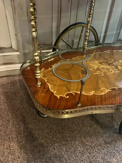 Mid 20th Century Italian Floral Marquetry and Brass Service Bar Cart Trolley - 3