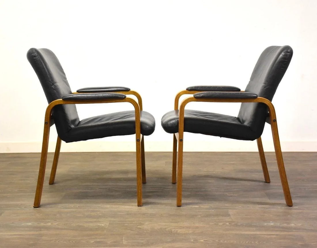Ekornes Blue Leather and Teak Lounge Chairs - a Pair - 2