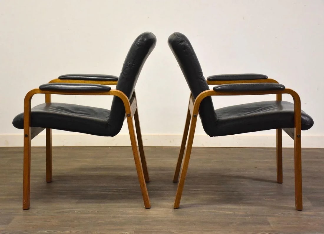 Ekornes Blue Leather and Teak Lounge Chairs - a Pair - 3