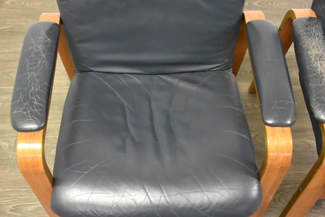 Ekornes Blue Leather and Teak Lounge Chairs - a Pair - 6