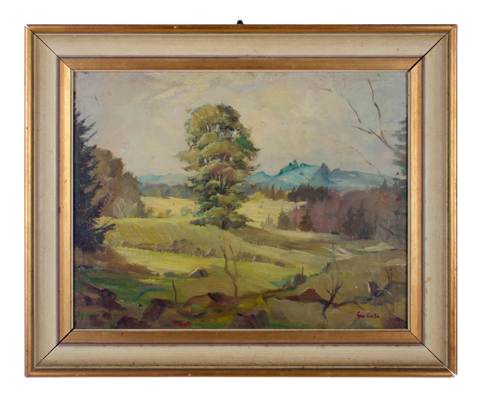 Landscape Oil on Board Painting by Giovanni Costa: Giovanni Costa (Italian, 1826-1903) Landscape oil on board sight 13 3/4 by 17 3/4 inches frame 17 3/4 by 22 inches The painting is in very good condition. The framing is good, with some wear and