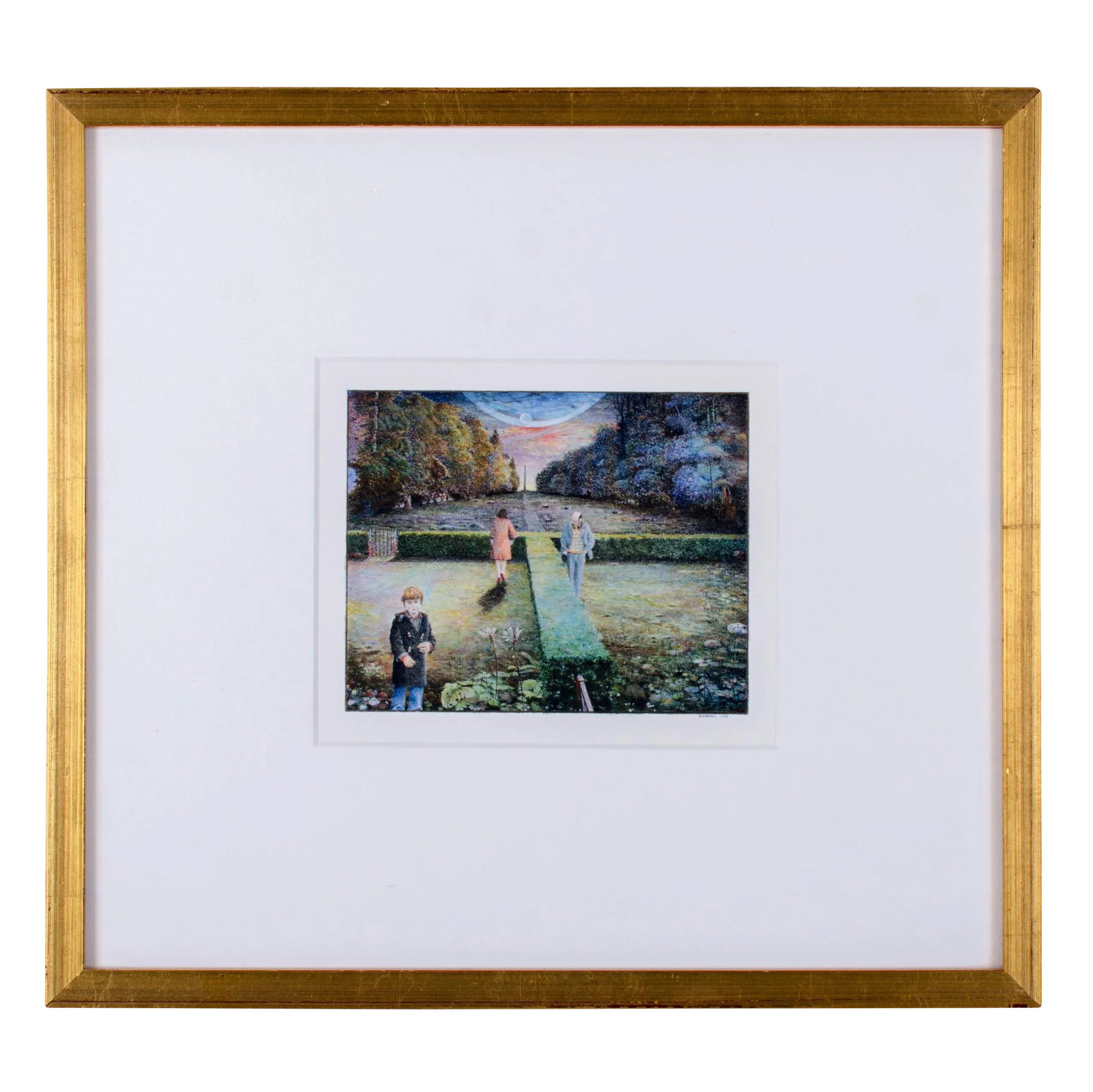 1980s Robert Bates Surreal Miniature Painting: Robert Bates (American, b.1943) Offered is a miniature watercolor painting depicting a surrealistic view of a lady, man and young boy in a garden with an obelisk in the distance and planets in the sky