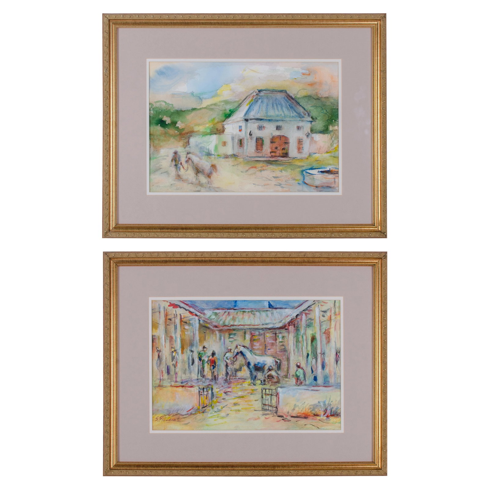 20th Century Country Watercolor Paintings of South Africa by Suzanne McCullough Plowden - a Pair: Offered is a pair of watercolor and gouache painting by Suzanne McCullough Plowden. Depicted are impressionistic rural scenes in South Africa. A man leading a horse by mud-brick stable house and the o