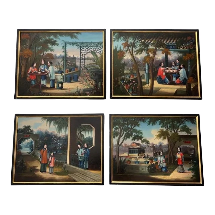 (4) Chinese Export Oil on Canvas Exterior Scenes C. 1840 National Gallery Prov.: Chinese Export, mid 19th century. An exceptional and original 4 piece set of Chinese Export oil paintings on canvas depicting exterior garden scenes of ladies and children collecting over tea and