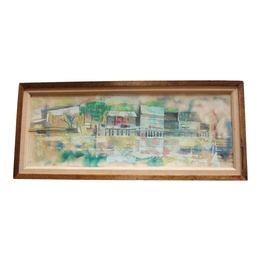 Impressionist Landscape Gouache on Canvas by Martin Weber: Impressionist gouache by Martin N. Weber (Mid-20th Century, American). Charming village landscape depicting small homes and a boat on the waterfront. Gold-painted frame (made in Sweden) shows paint
