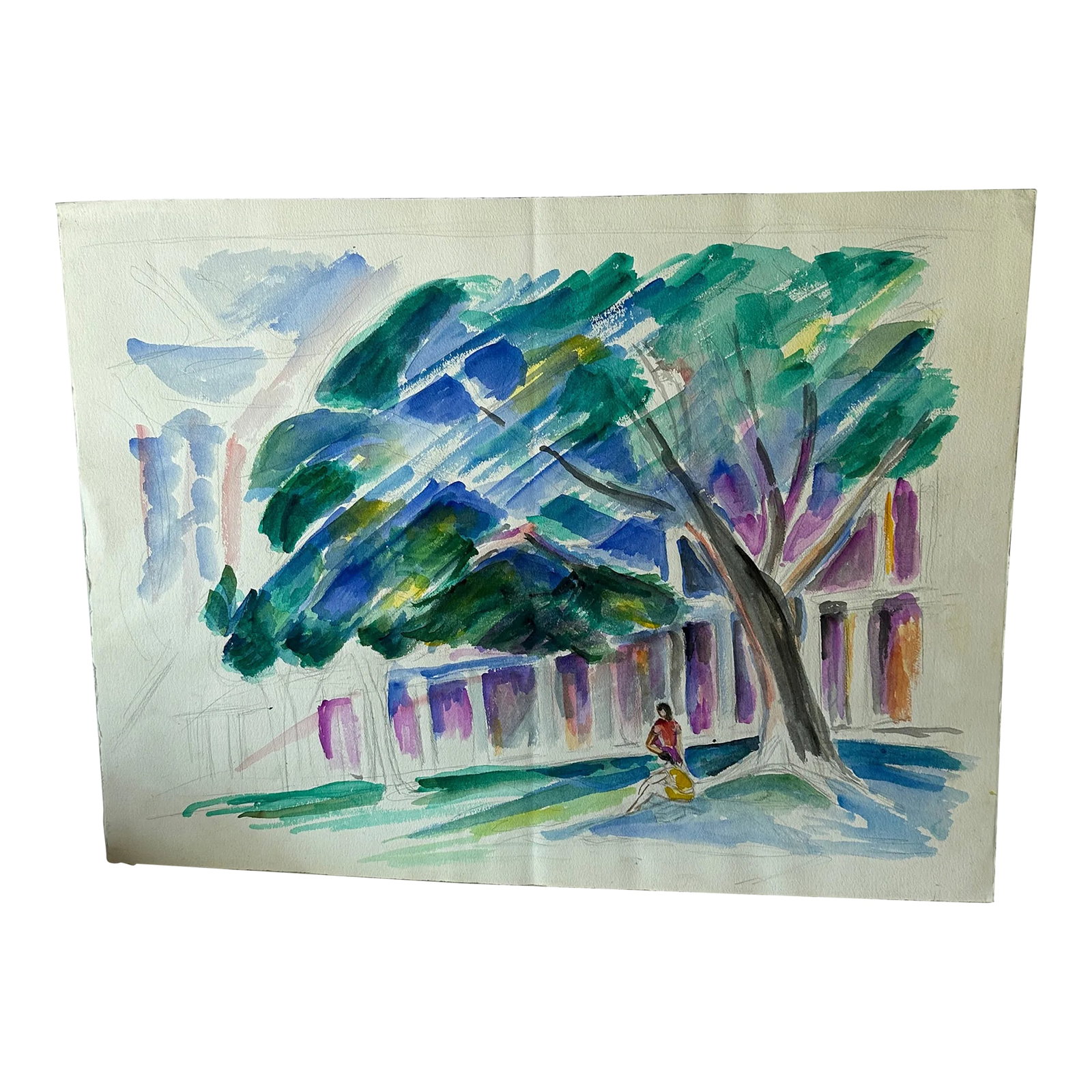 Abstract Watercolor Painting of Tree Outside Building: Up for consideration is a beautiful watercolor painting of a tree outside a building. This piece would look lovely in your home and it is a great find for the interior design enthusiast. Please check