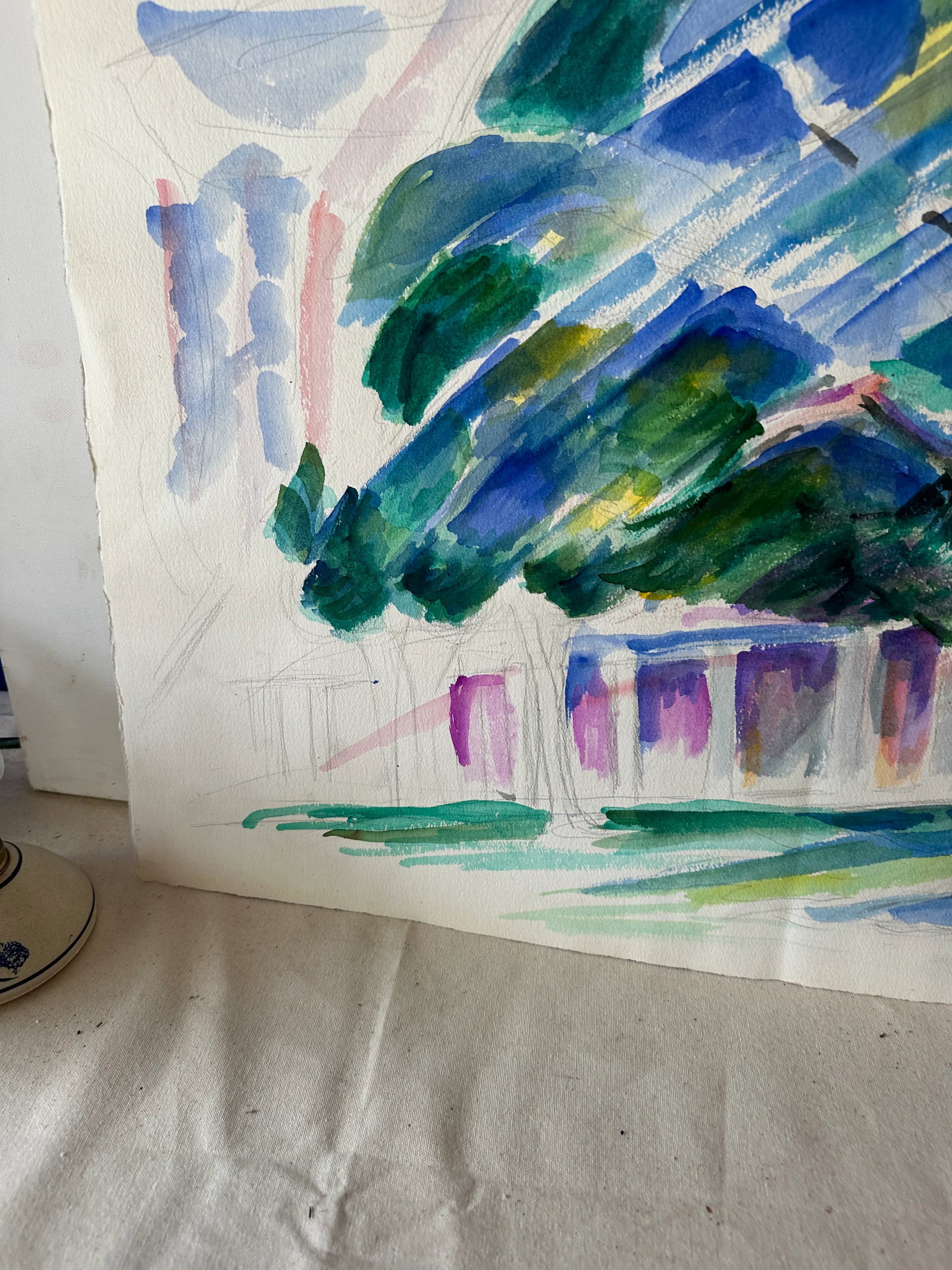 Abstract Watercolor Painting of Tree Outside Building - 2