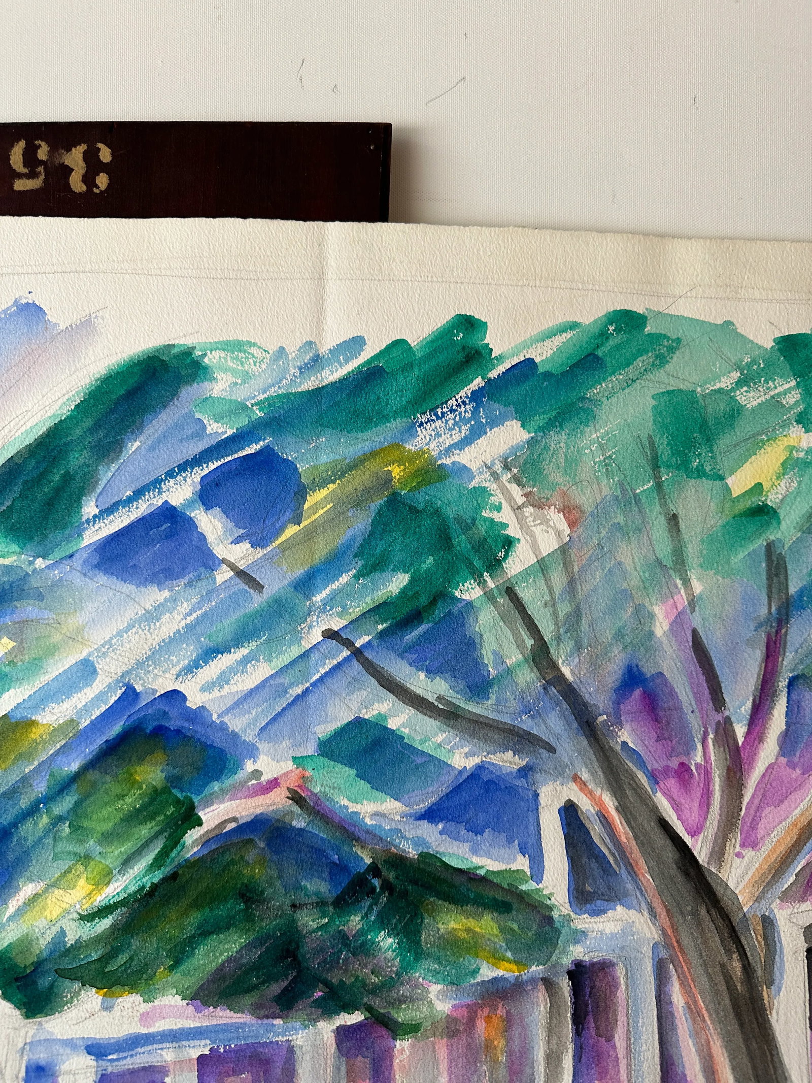 Abstract Watercolor Painting of Tree Outside Building - 5