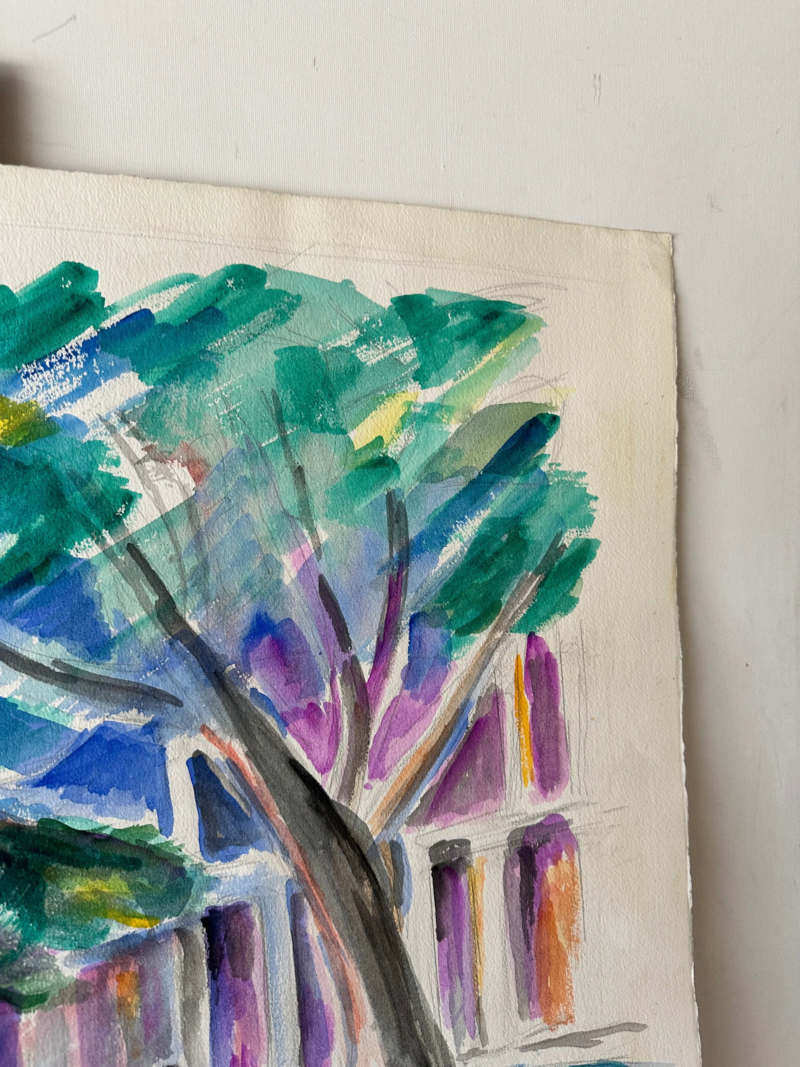 Abstract Watercolor Painting of Tree Outside Building - 6