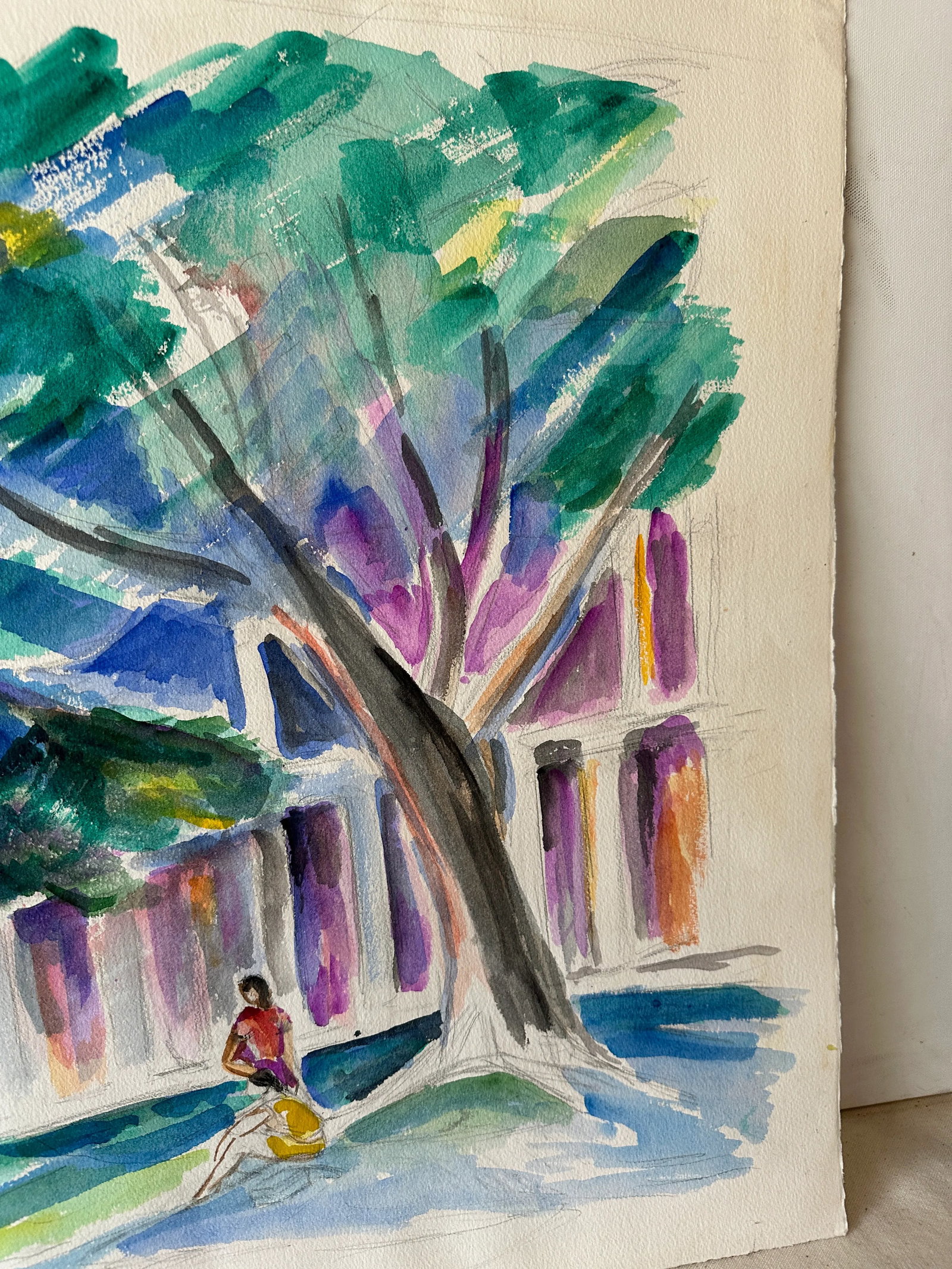 Abstract Watercolor Painting of Tree Outside Building - 7
