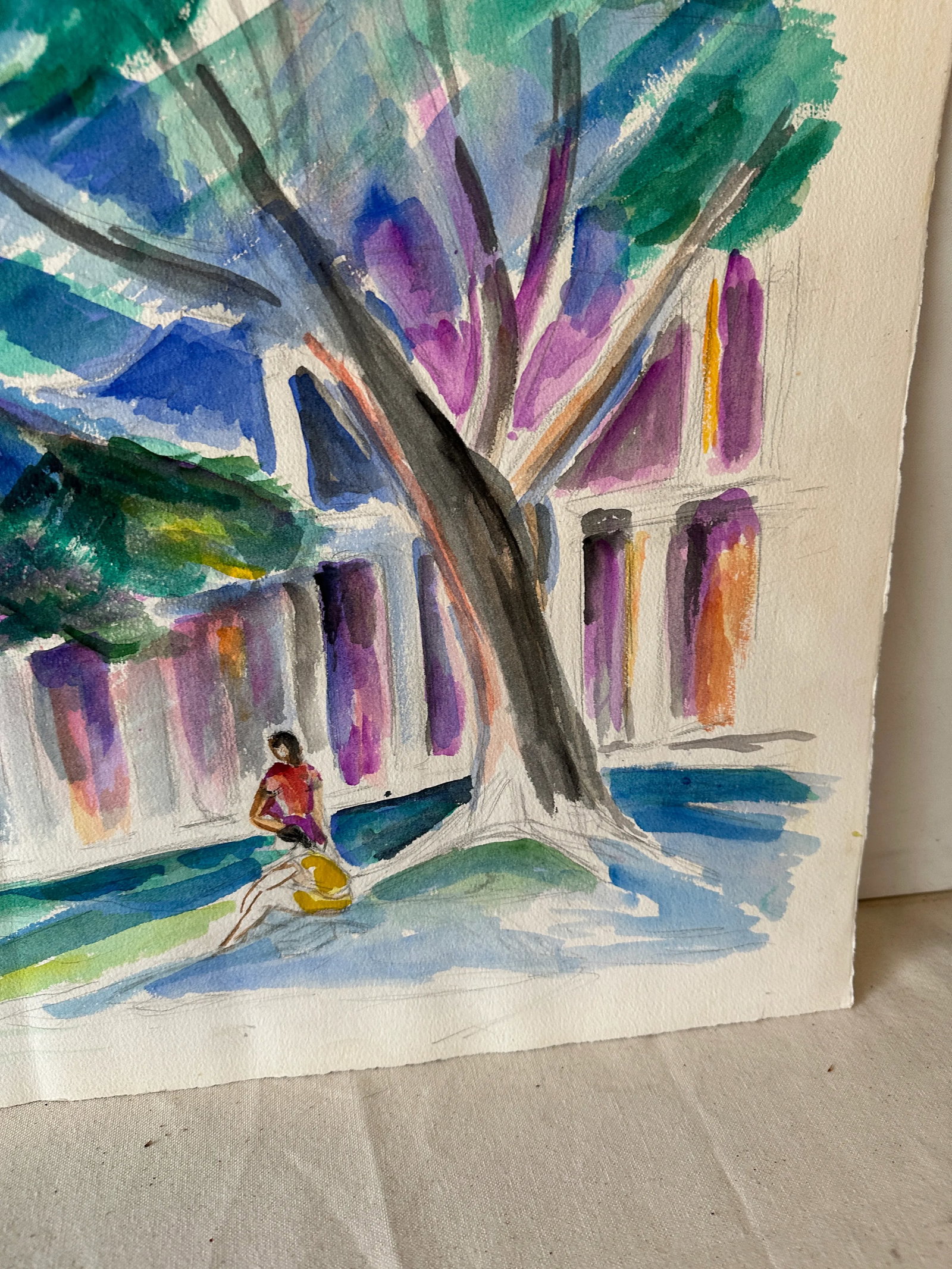Abstract Watercolor Painting of Tree Outside Building - 8