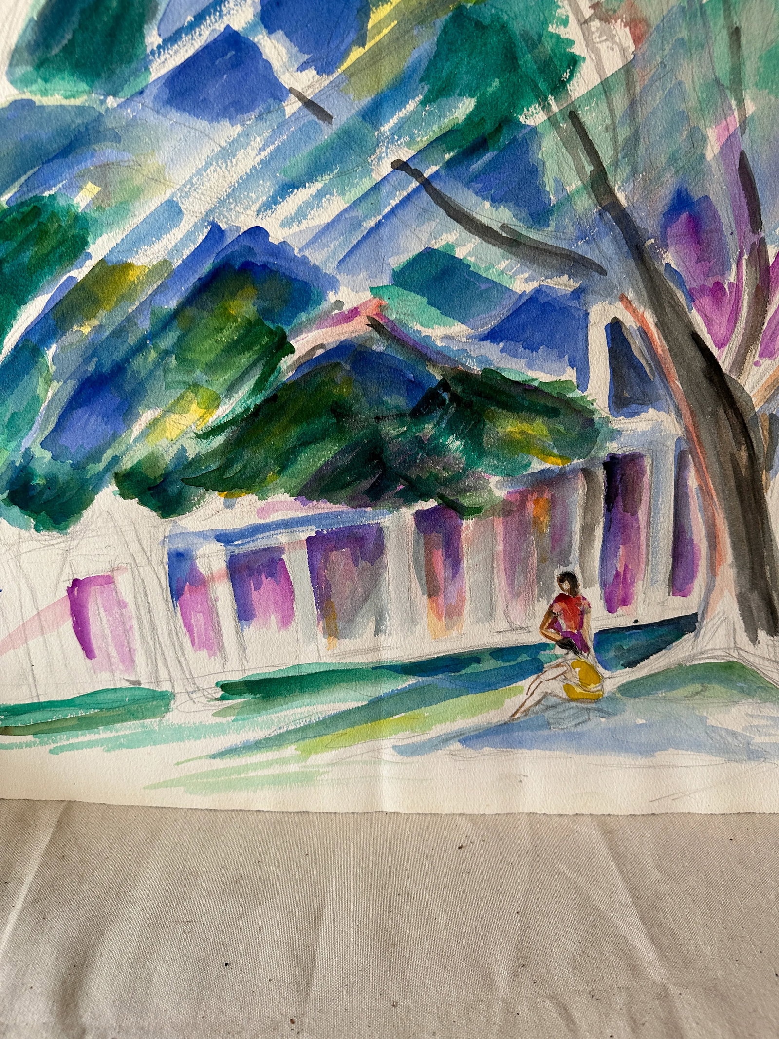 Abstract Watercolor Painting of Tree Outside Building - 9