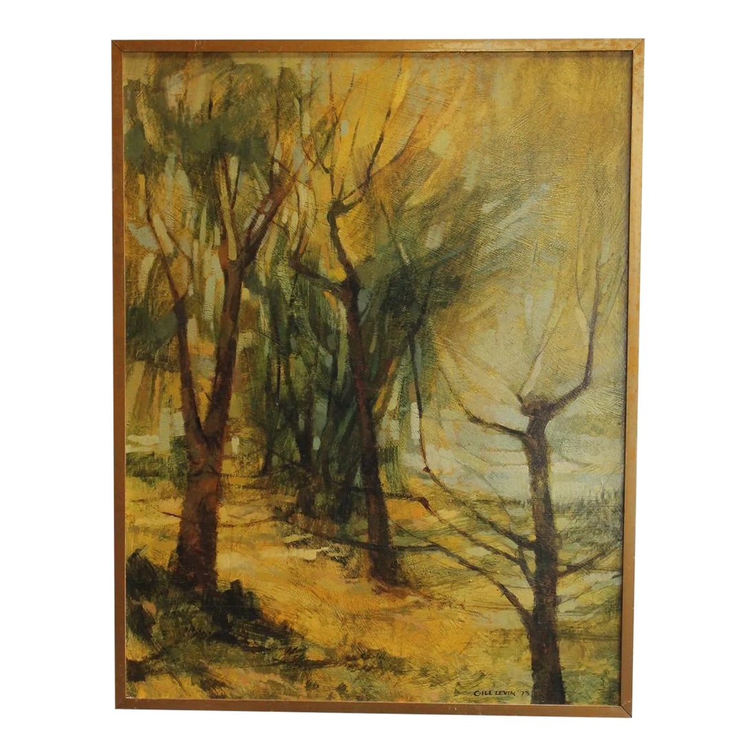 Gill Levin "Lakeside" Landscape Oil on Canvas: Gill Levin 1973 abstract landscape oil on cavas entitled 'Lakeside" (b. England, 1935). There is human-like nature to the trees depicted - these towering, lifelike structures are pronounced against th