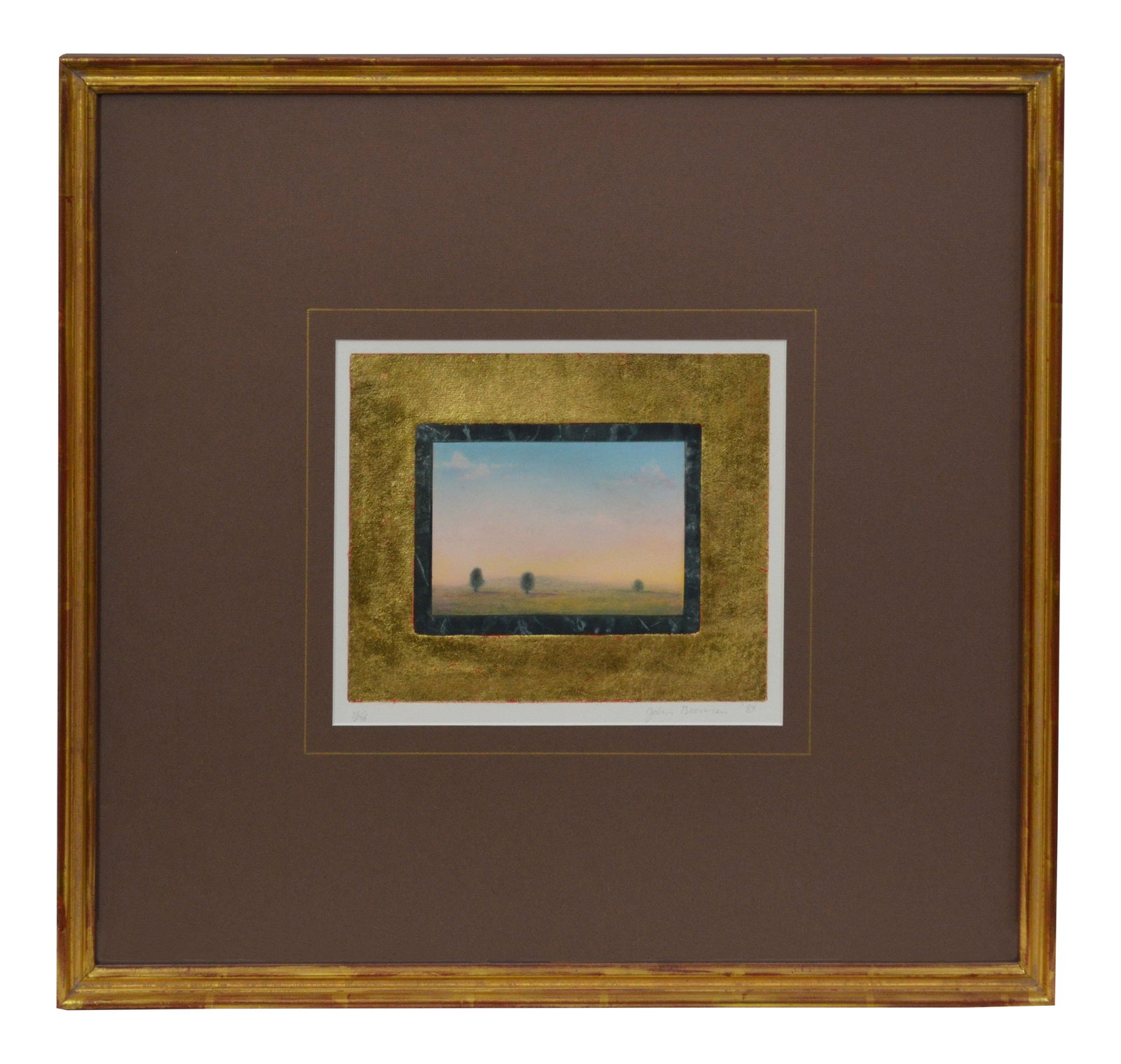 Late 20th Century Vintage John Beerholm Three Brown Trees Watercolor Painting: This unusual watercolor painted in 1989 by John Beerholm depicts a landscape with three trees. Bordered by a faux-marble and a gold-leaf surround, it is matted in light green/gray with one line of