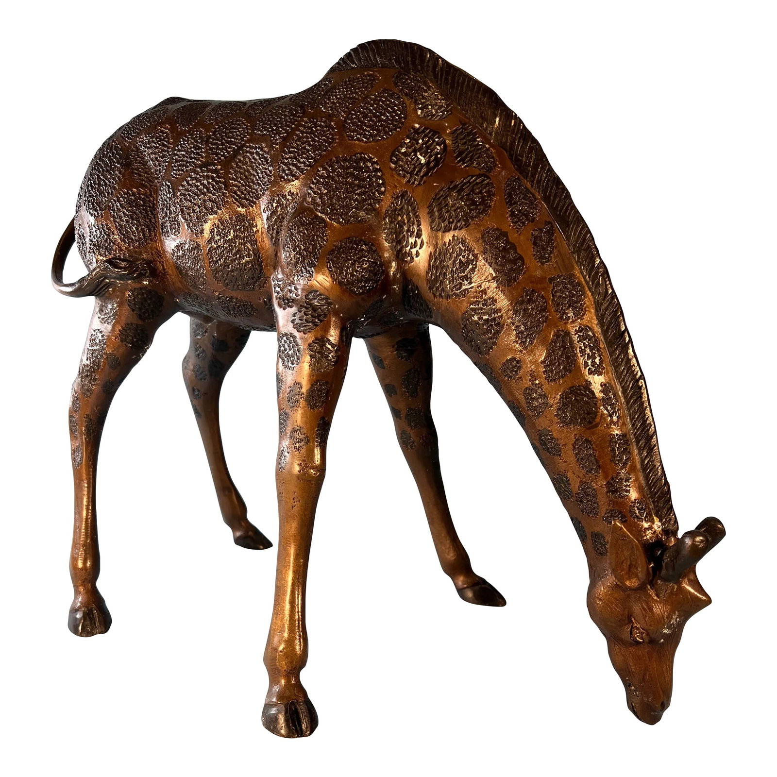 Vintage Bronze Giraffe Sculpture: This majestic bronze sculpture intricately portrays the grace and beauty of a giraffe in a natural, feeding pose. The artist has skillfully captured the essence of the giraffe with its legs slightly