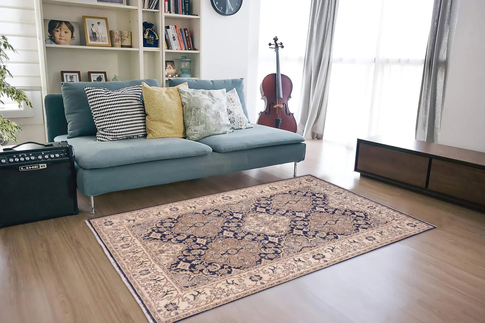 Tribal Heriz Ziegler Blue Beige Hand-Knotted Rug - 5'11'' X 8'8'' - 2