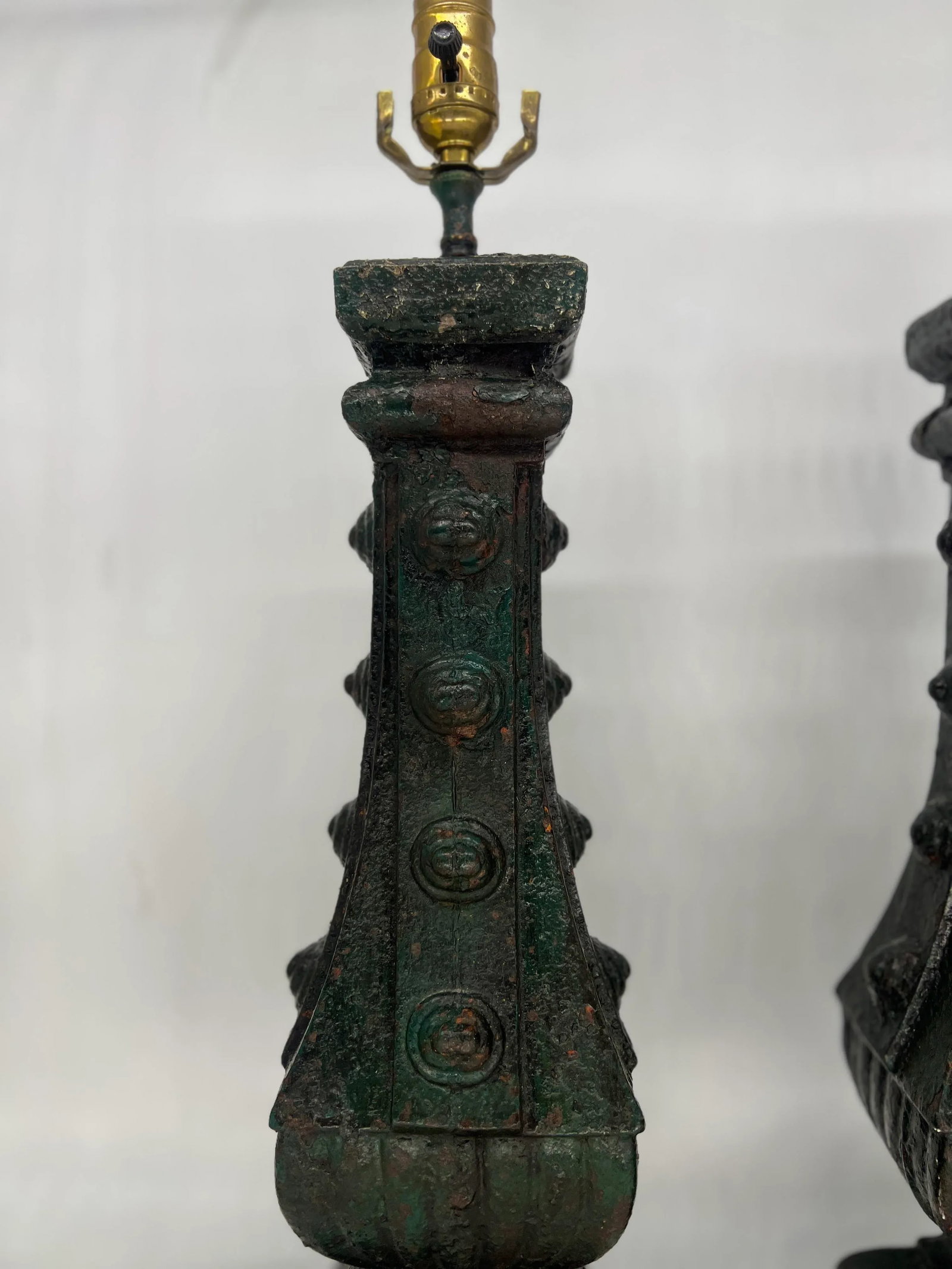 Pair, Antique French Cast Iron Architectural Fragment Paint Decorated Lamps - 6