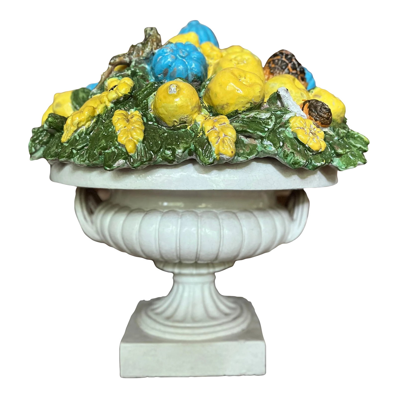 Large Vintage Italian Delarobia Majolica Two-Piece Neoclassical Style Urn: Italian, 20th century. A very large and good quality Italian delarobia style pottery urn. The centerpiece features a two-part construction with a neoclassical two handled urn and topped with a stunnin