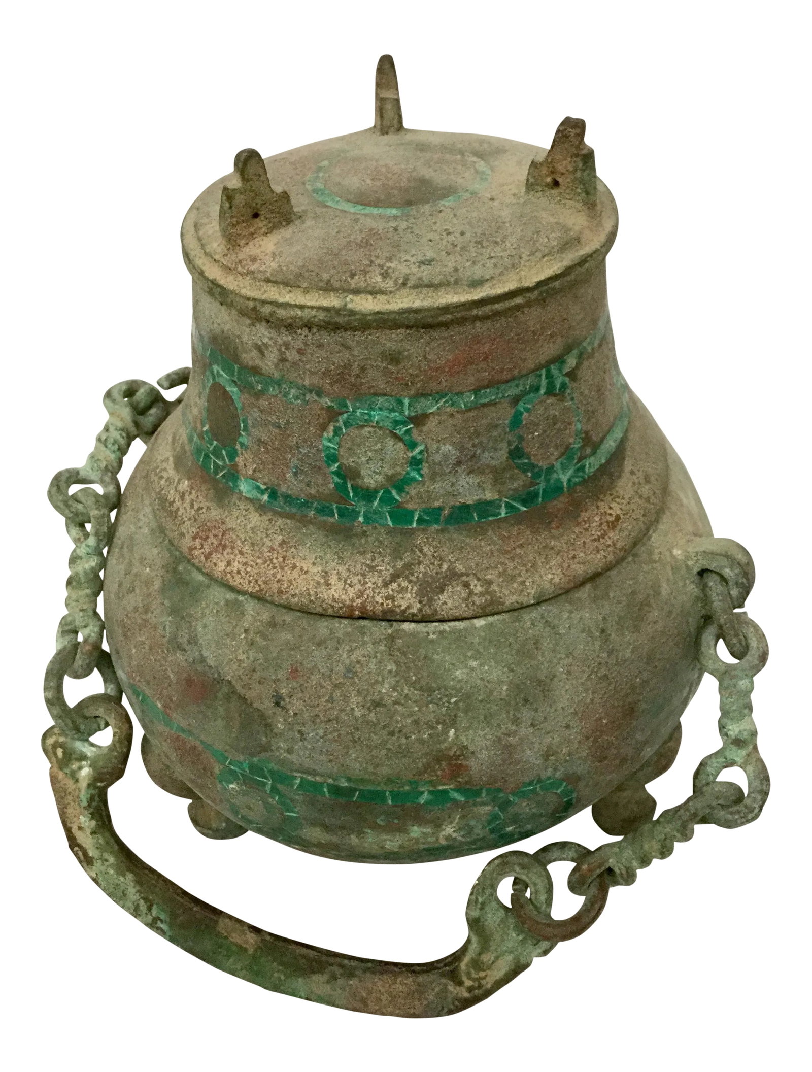 Antique Bronze Eastern Asia Wine Pot With Cup: This very unique set is from Tibet or somewhere near there. The Silk Road was rich in items such as this one and only a few are lucky enough to own one. The bronze has a gorgeous patina with green sto