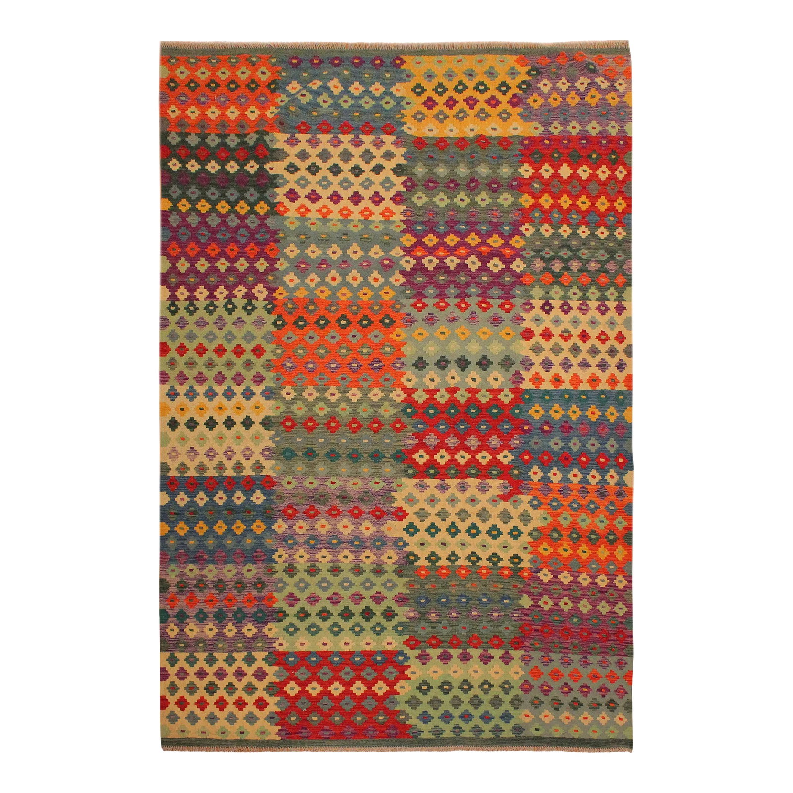 1990s 1990s Kilim Green Red Wool Rug - 7'1" X 9'10" (1 of 7)