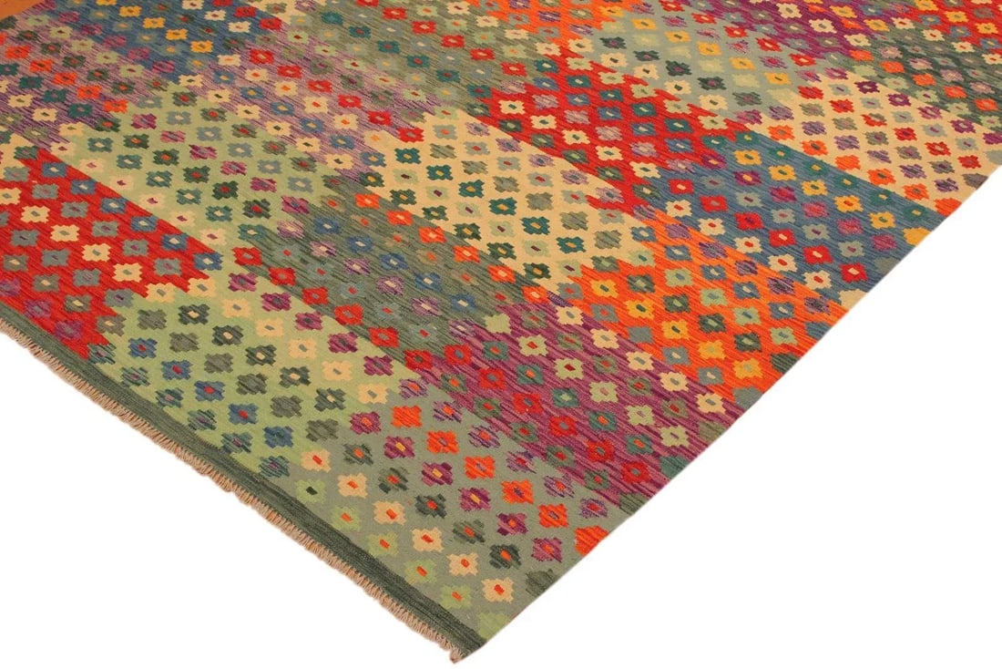 1990s 1990s Kilim Green Red Wool Rug - 7'1" X 9'10" - 2