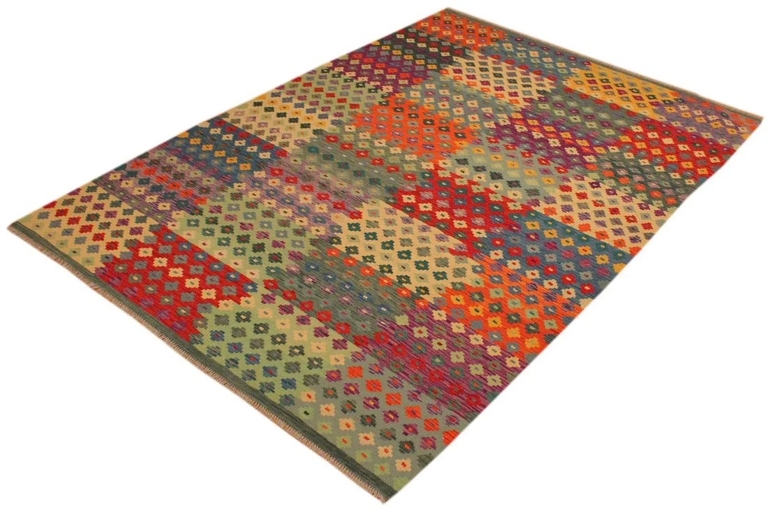 1990s 1990s Kilim Green Red Wool Rug - 7'1" X 9'10" - 3