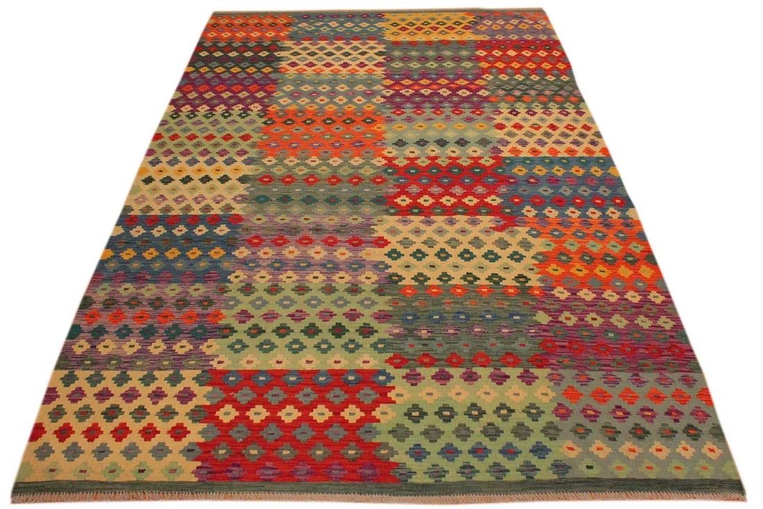 1990s 1990s Kilim Green Red Wool Rug - 7'1" X 9'10" - 4